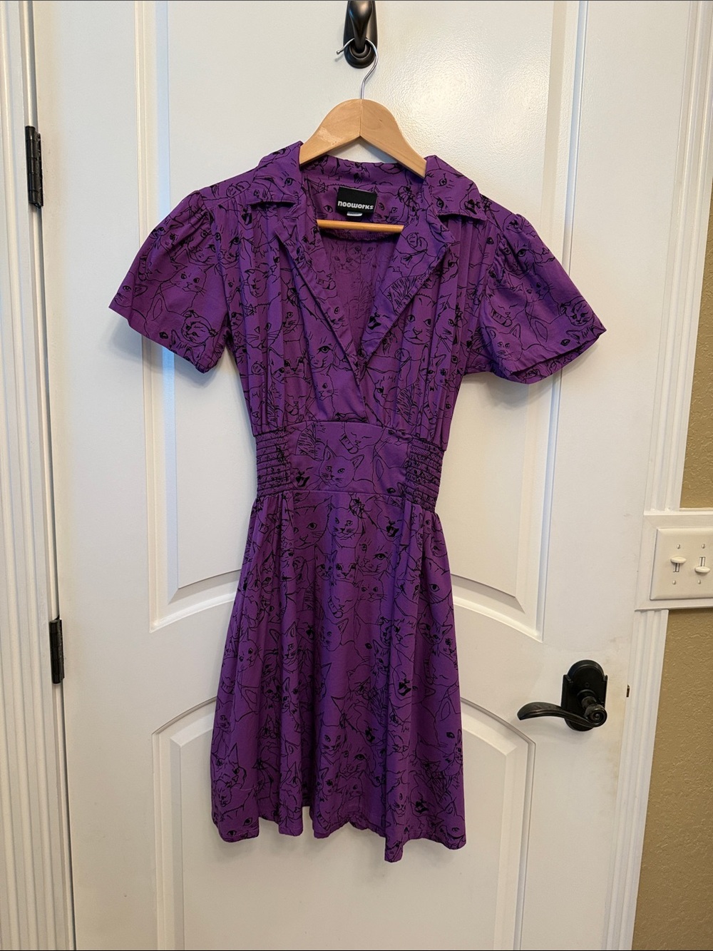 rare NOOWORKS 50s pinup printed cat dress funky purple M teacher artist